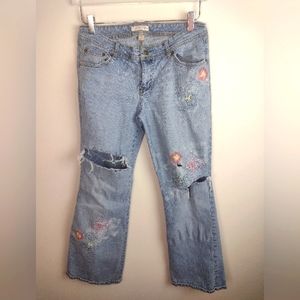 Tommy Jeans Women's Floral Jean Distressed Embroidered Wide Leg Size 11
